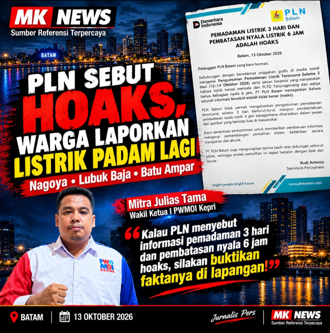 PLN Batam Sebut Informasi Pemadaman 3 Hari Hoaks, Mitra Julias Tama Tantang Buktikan Fakta di Lapangan