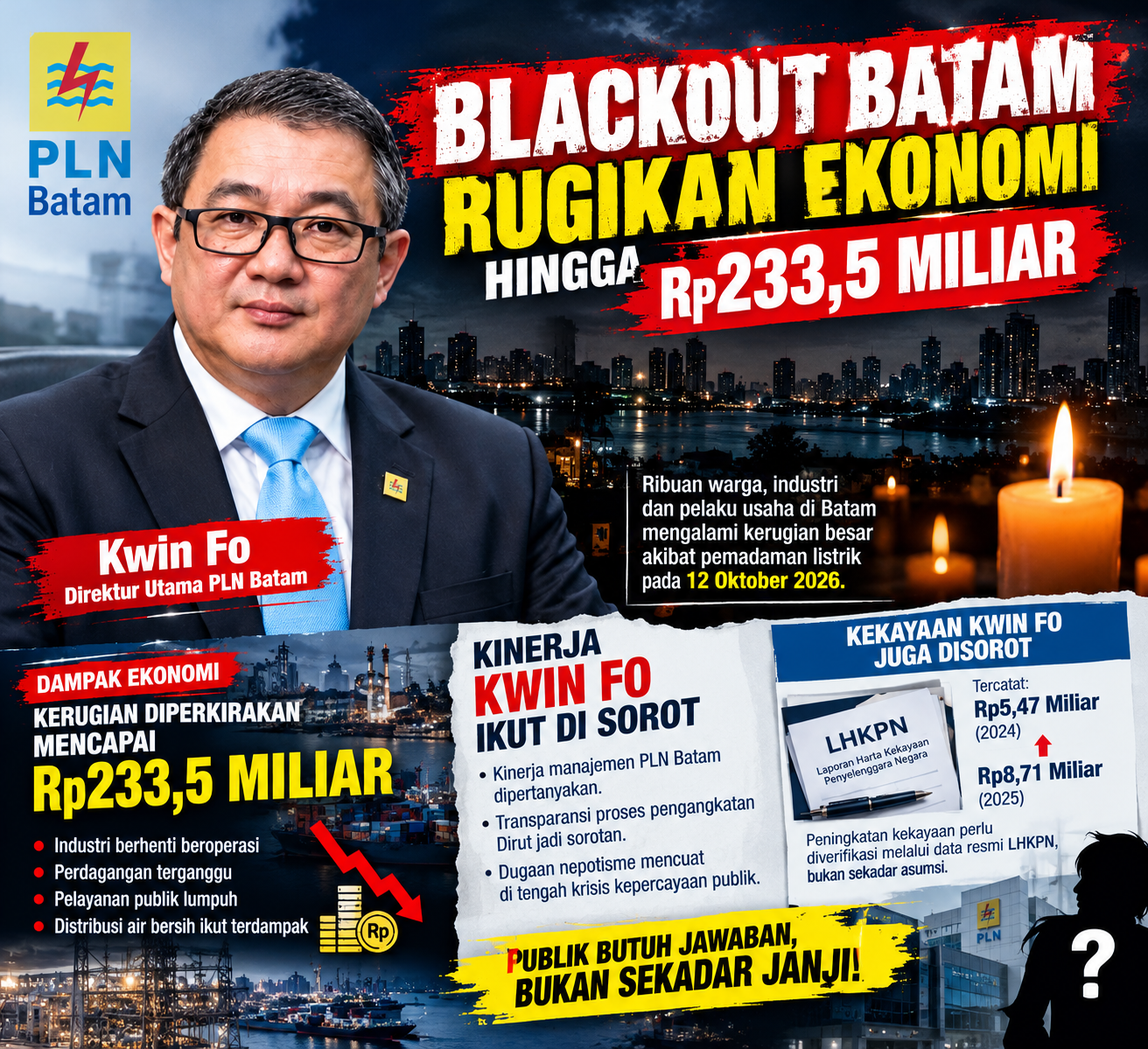Blackout Batam Rugikan Ekonomi hingga Rp233,5 Miliar, Kekayaan Dirut PLN Batam Kwin Fo Ikut Disorot